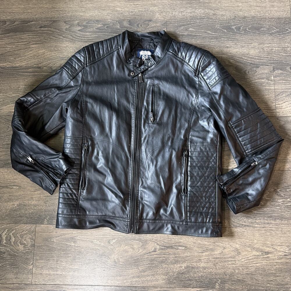 VTG 90s Route 66 Sz XLT Black Faux Leather Moto Jacket Biker Cafe Racer Grunge
